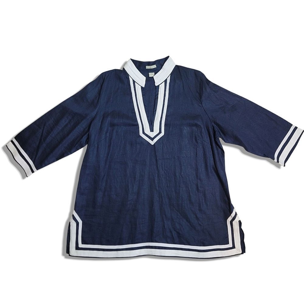 Deane & White 100% linen Navy Blue and White Nautical Women's Tunic Top Blouse - Picture 3 of 9